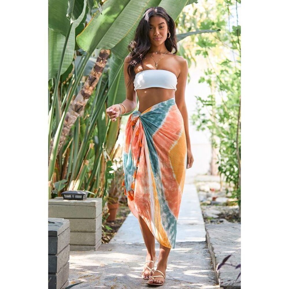 Lulus Sunny Livin' Peach Multi Tie-dye Print Swim Cover-up Sarong Orange